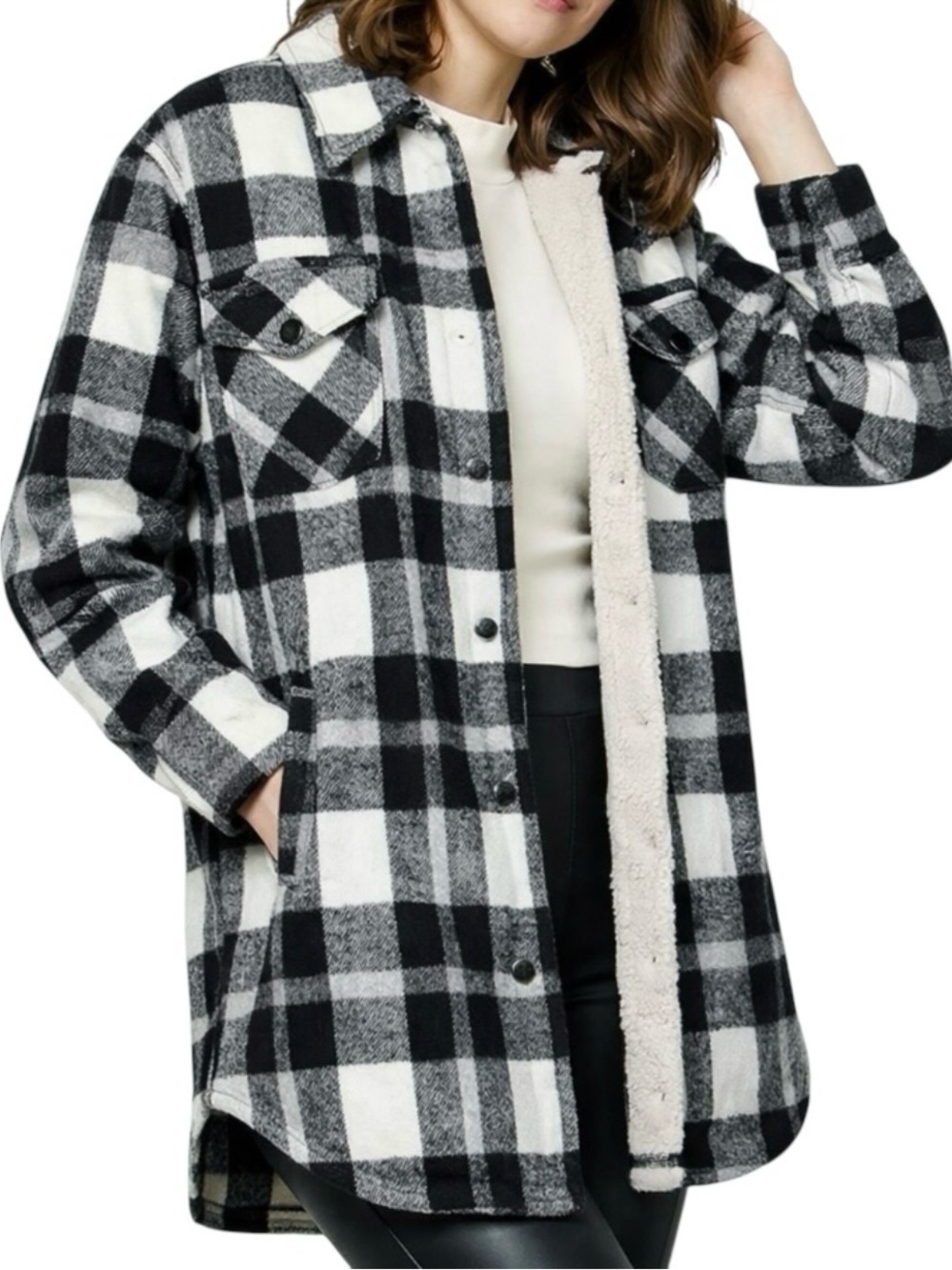 Patrona Plaid Sherpa Lined Flannel Shacket Black Ivory Gray XXL